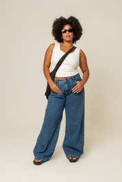 calça jeans ajustável baggy denim blue