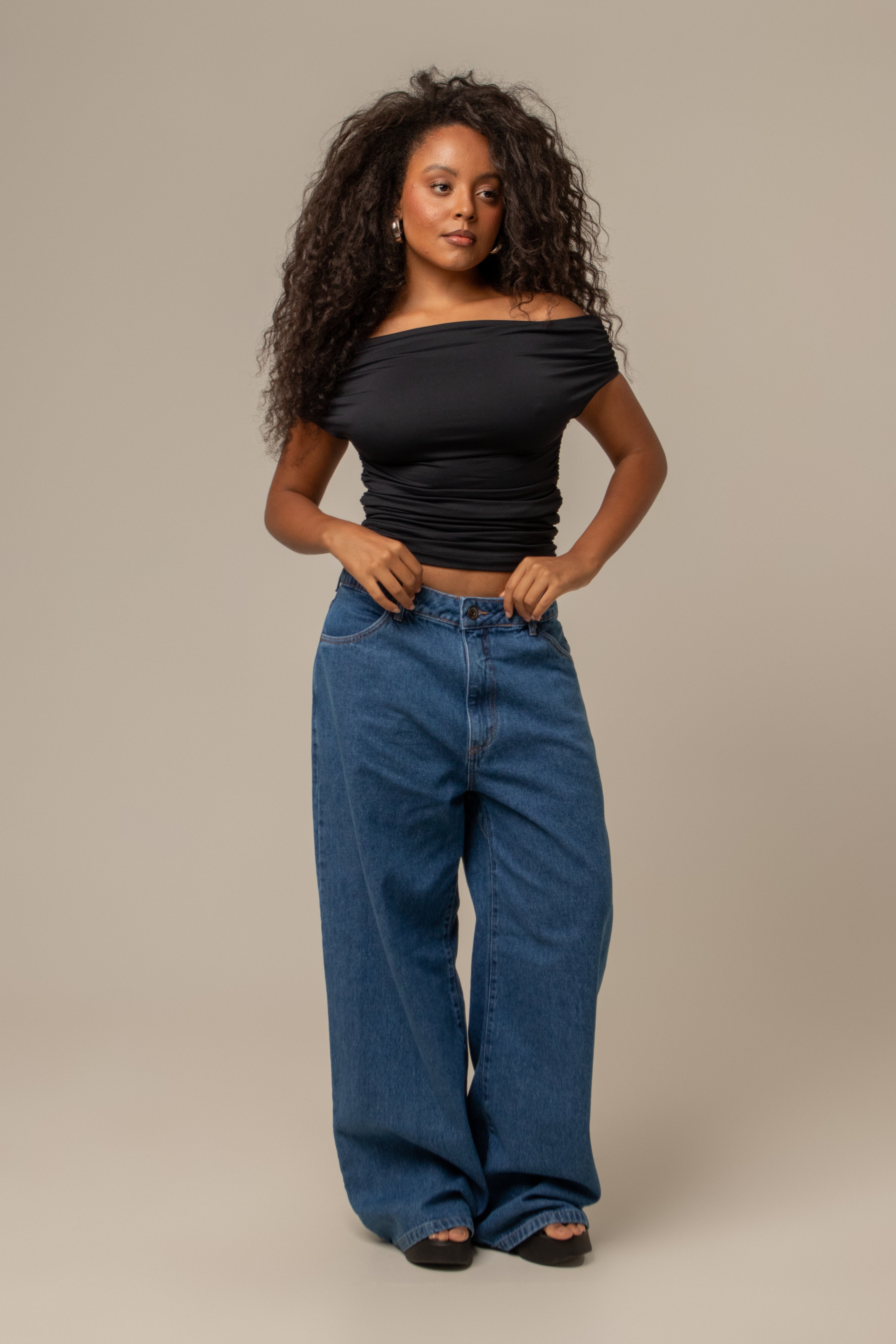 calça jeans ajustável baggy denim blue