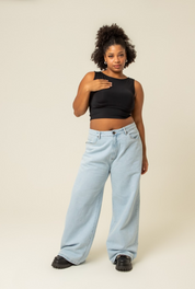 calça jeans ajustável baggy light blue