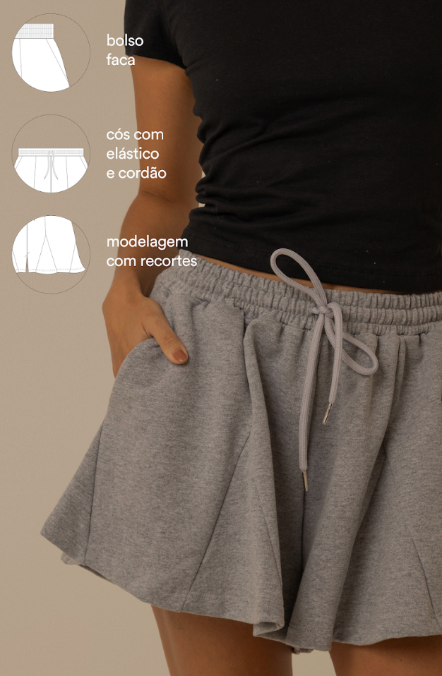 short de moletom recortes cozy | short moletom feminino com cós de elástico e cordão
