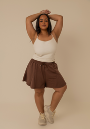 short de moletom recortes cozy | short moletom feminino com cós de elástico e cordão