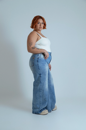 calça jeans ajustável wide acid wash