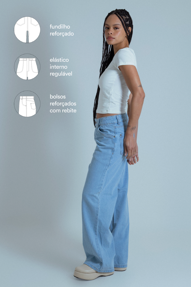 calça jeans ajustável wide acid wash