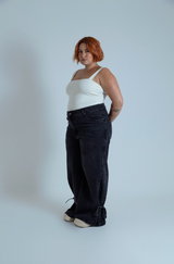 calça jeans ajustável laço midnight black