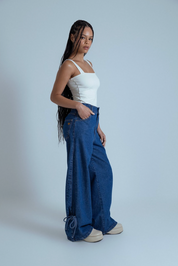 calça jeans ajustável laço denim blue