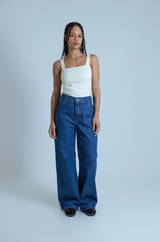 calça jeans ajustável wide denim blue