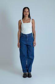 calça jeans ajustável mom denim blue