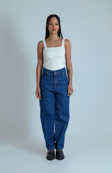 calça jeans ajustável mom denim blue