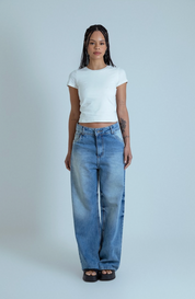 calça jeans ajustável wide acid wash