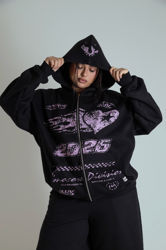 moletom estampado com zíper e capuz oversized LUV
