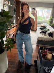 calça jeans ajustável wide acid wash