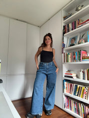 calça jeans ajustável baggy denim blue