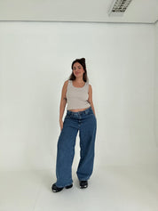 calça jeans ajustável baggy denim blue