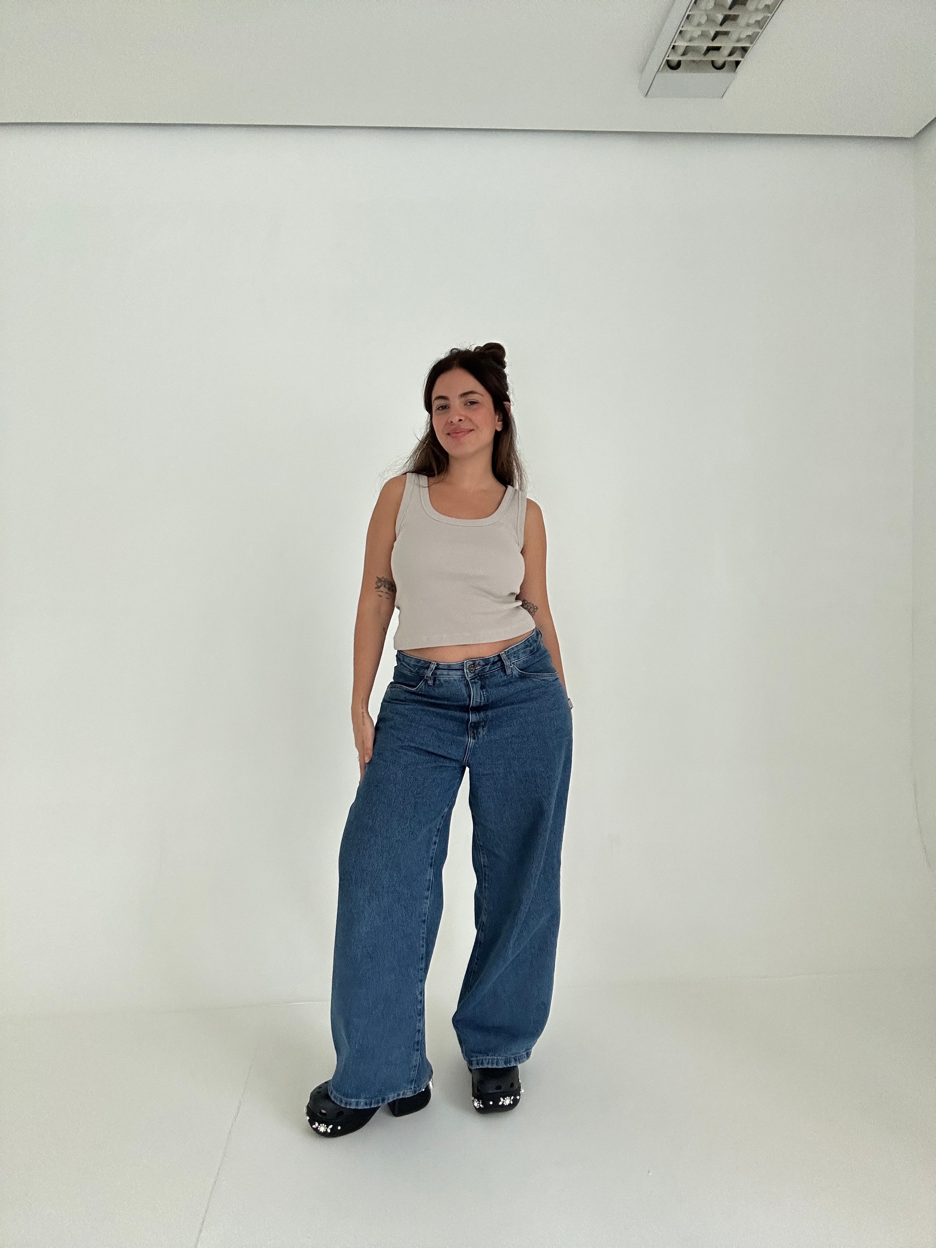 calça jeans ajustável baggy denim blue
