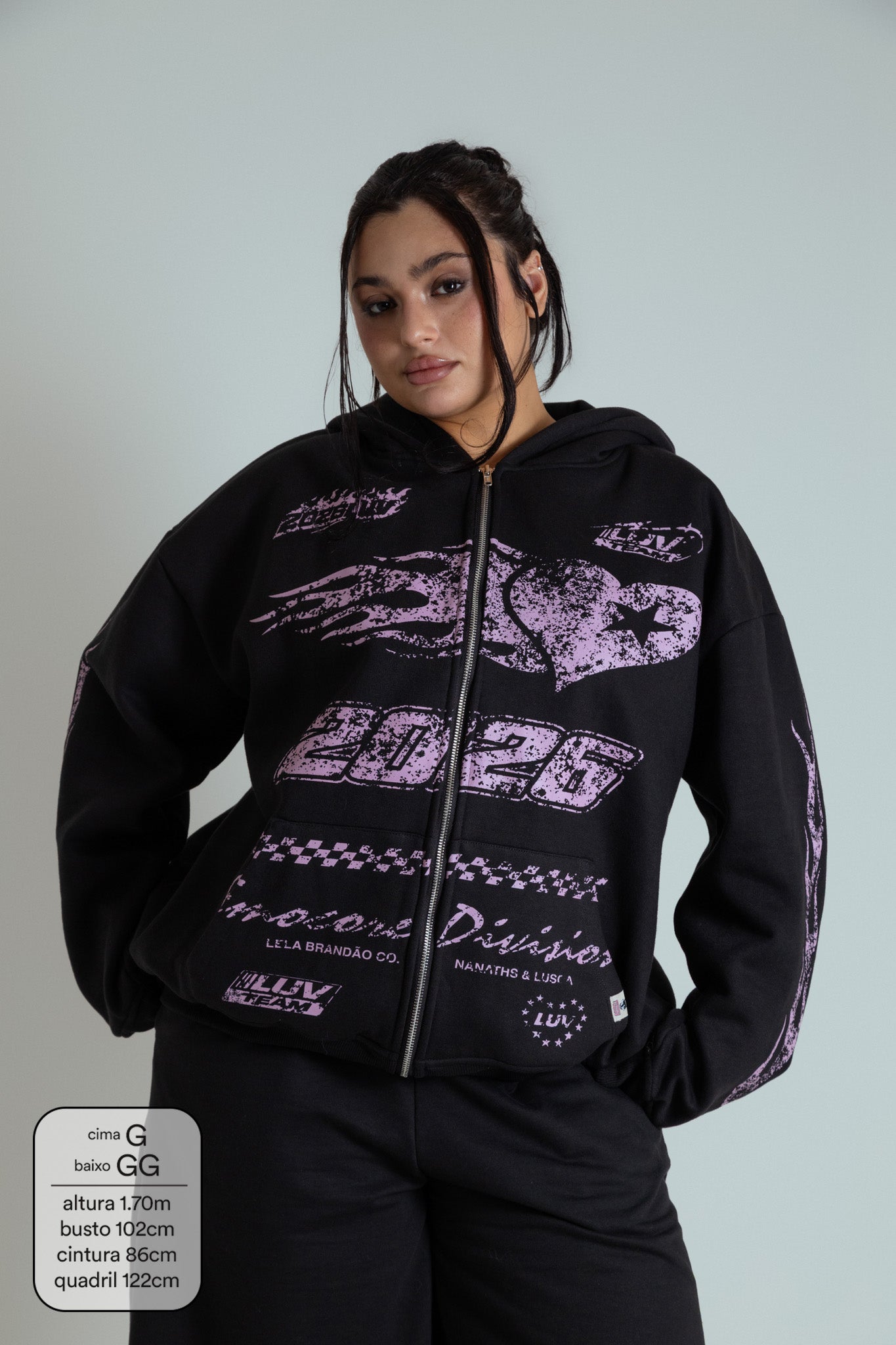 moletom estampado com zíper e capuz oversized LUV