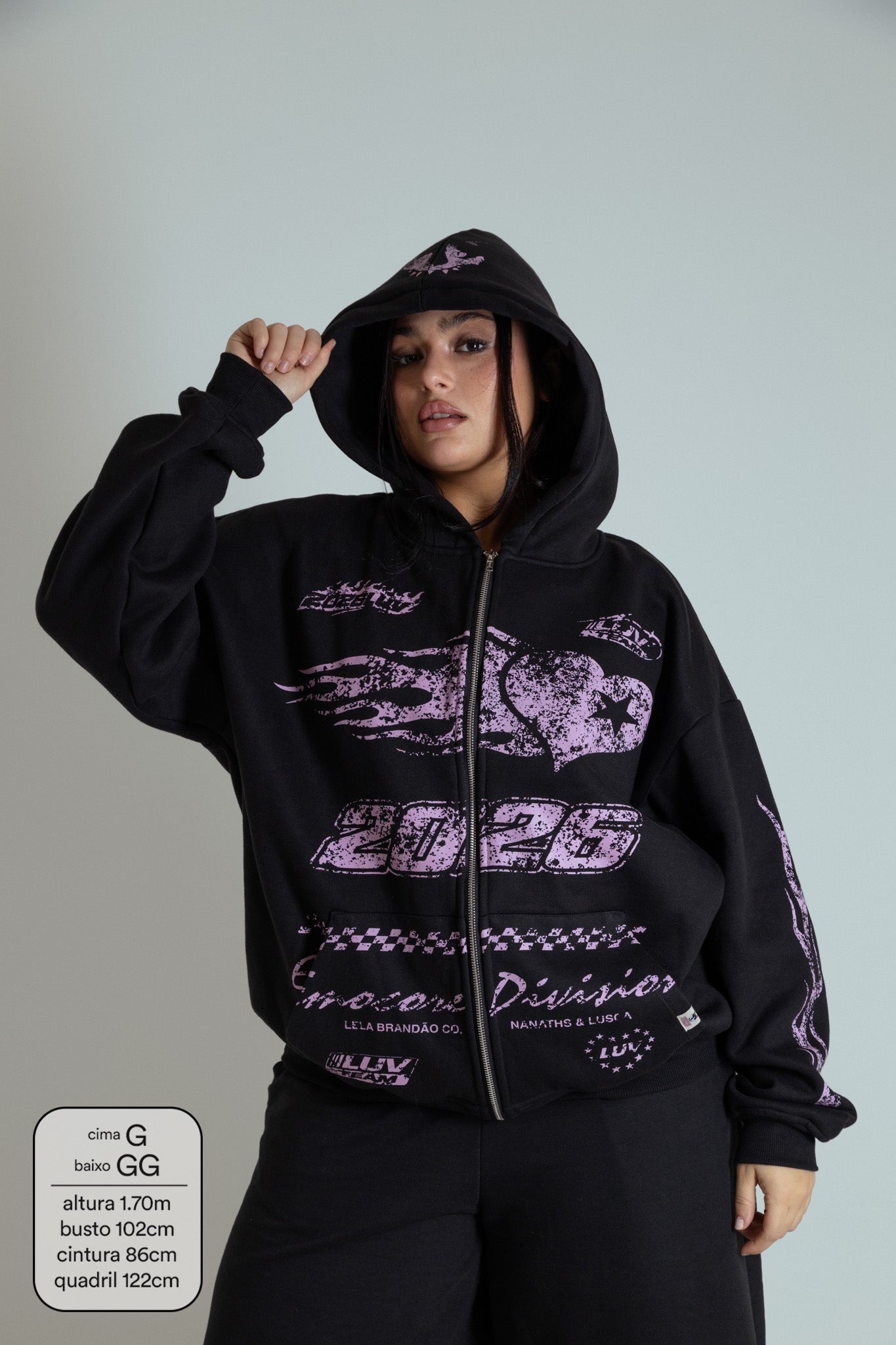 moletom estampado com zíper e capuz oversized LUV