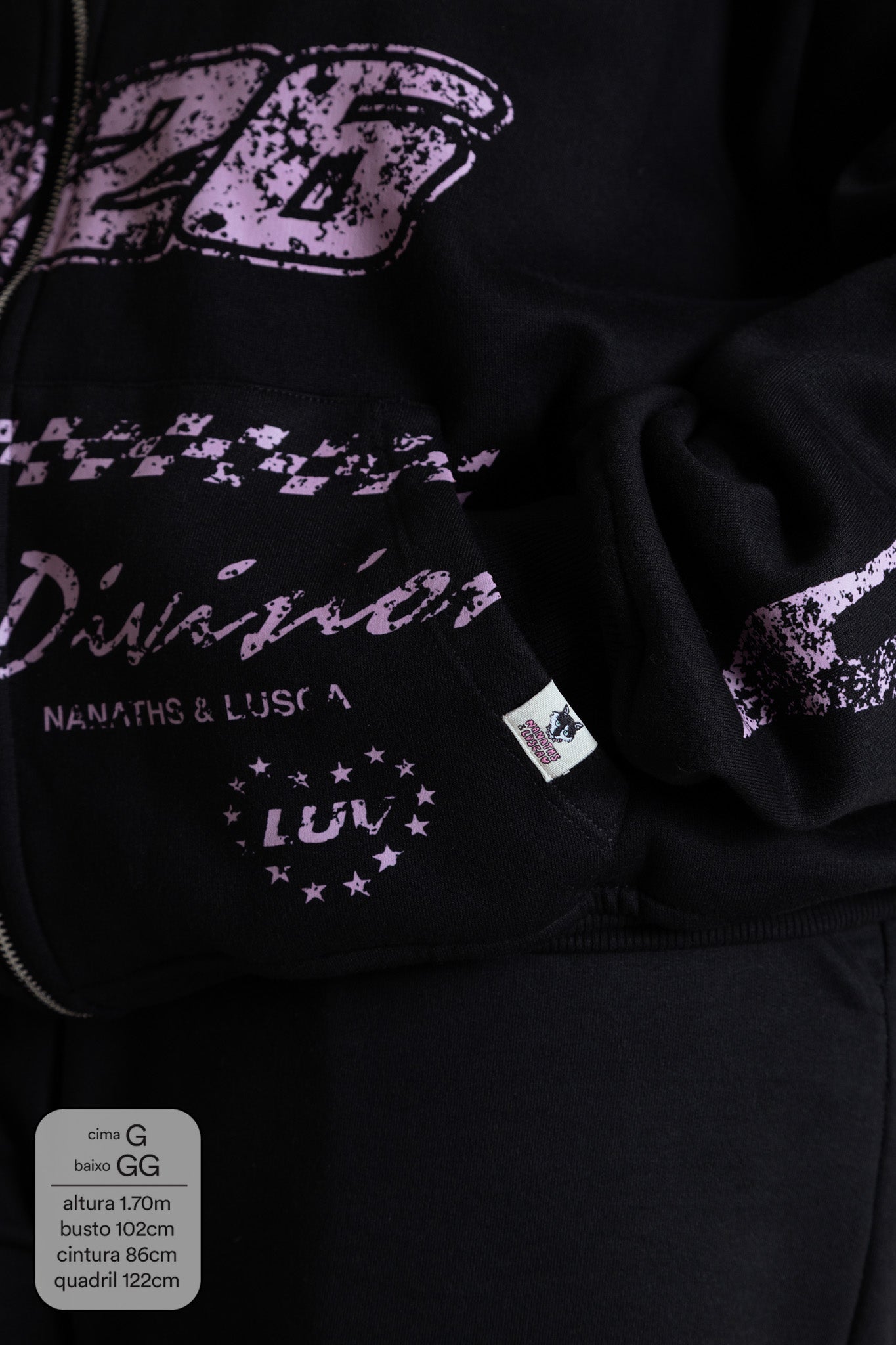 moletom estampado com zíper e capuz oversized LUV