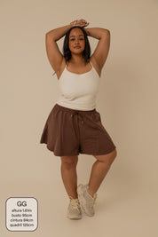 short de moletom recortes cozy | short moletom feminino com cós de elástico e cordão