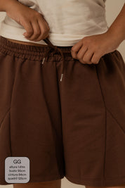 short de moletom recortes cozy | short moletom feminino com cós de elástico e cordão