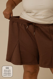short de moletom recortes cozy | short moletom feminino com cós de elástico e cordão