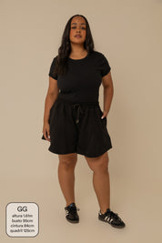 short de moletom recortes cozy | short moletom feminino com cós de elástico e cordão