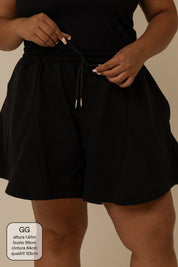 short de moletom recortes cozy | short moletom feminino com cós de elástico e cordão