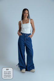 calça jeans ajustável laço denim blue