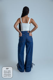 calça jeans ajustável laço denim blue