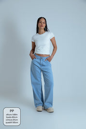 calça jeans ajustável wide light blue