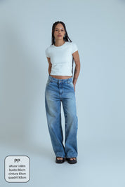 calça jeans ajustável wide acid wash