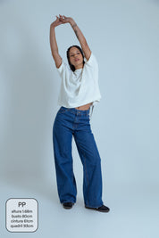 calça jeans ajustável wide denim blue