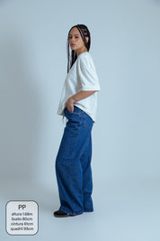 calça jeans ajustável wide denim blue