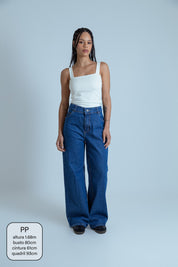 calça jeans ajustável wide denim blue
