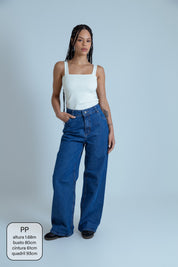 calça jeans ajustável wide denim blue