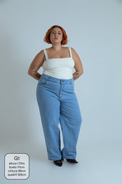 calça jeans ajustável mom light blue