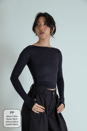 blusa decote costas manga longa dedinho