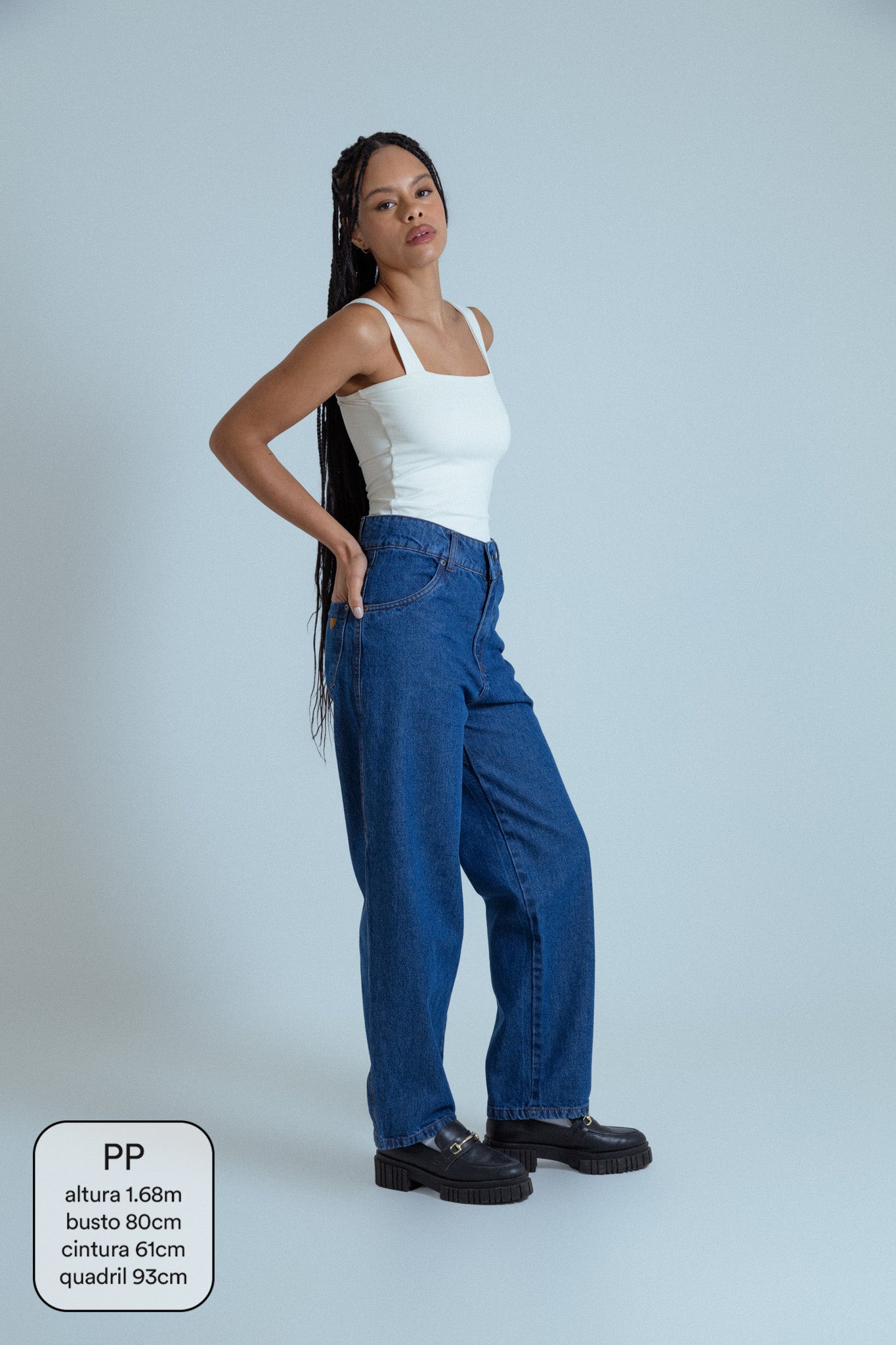 calça jeans ajustável mom denim blue