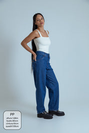 calça jeans ajustável mom denim blue
