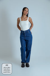 calça jeans ajustável mom denim blue