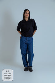 calça jeans ajustável mom denim blue