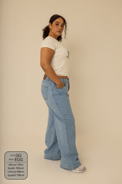 calça jeans ajustável wide light blue