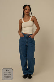 calça jeans ajustável mom denim blue