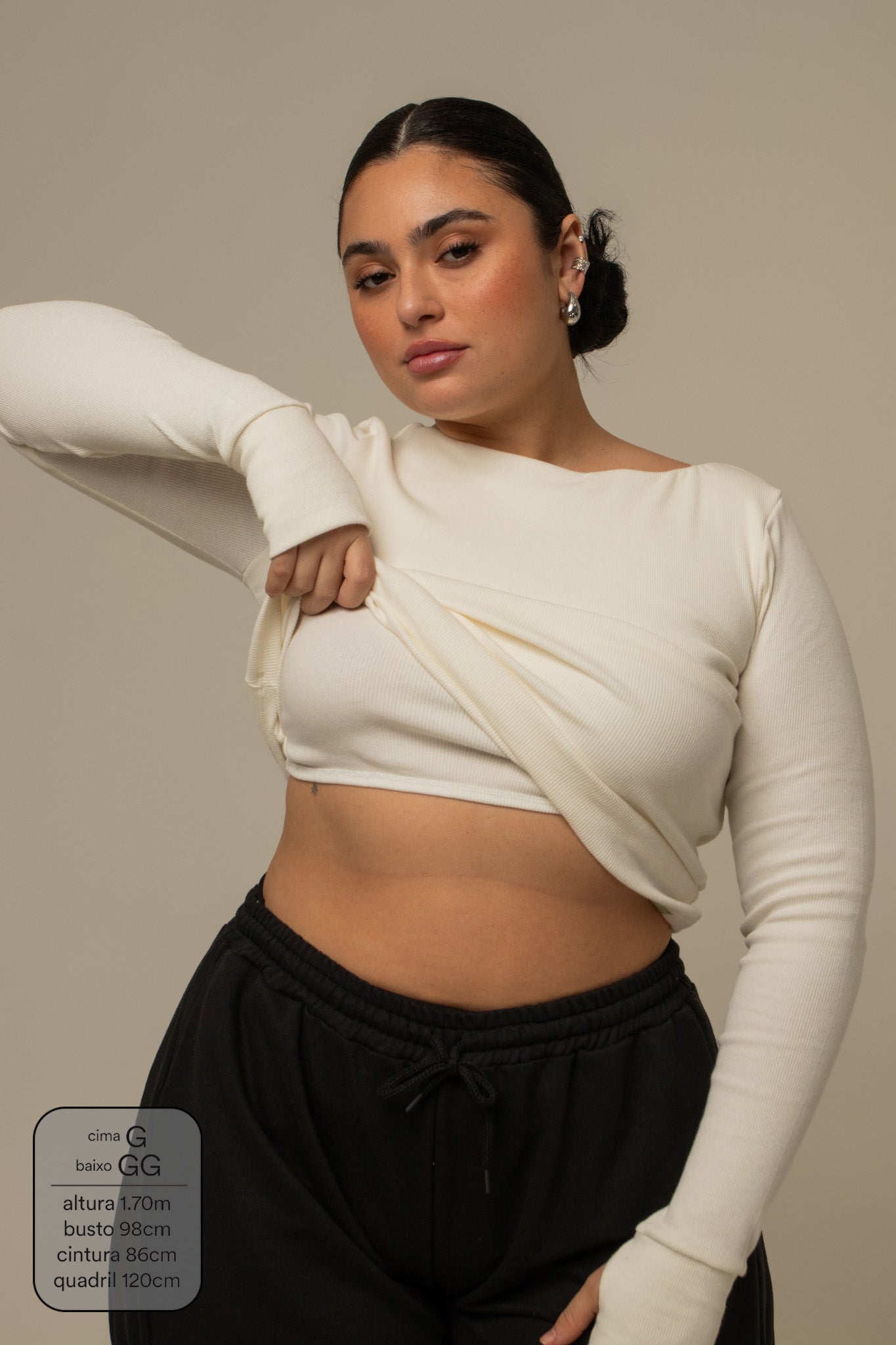 blusa manga longa cozy canelada com top embutido
