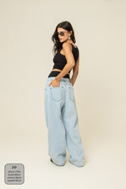 calça jeans ajustável baggy light blue